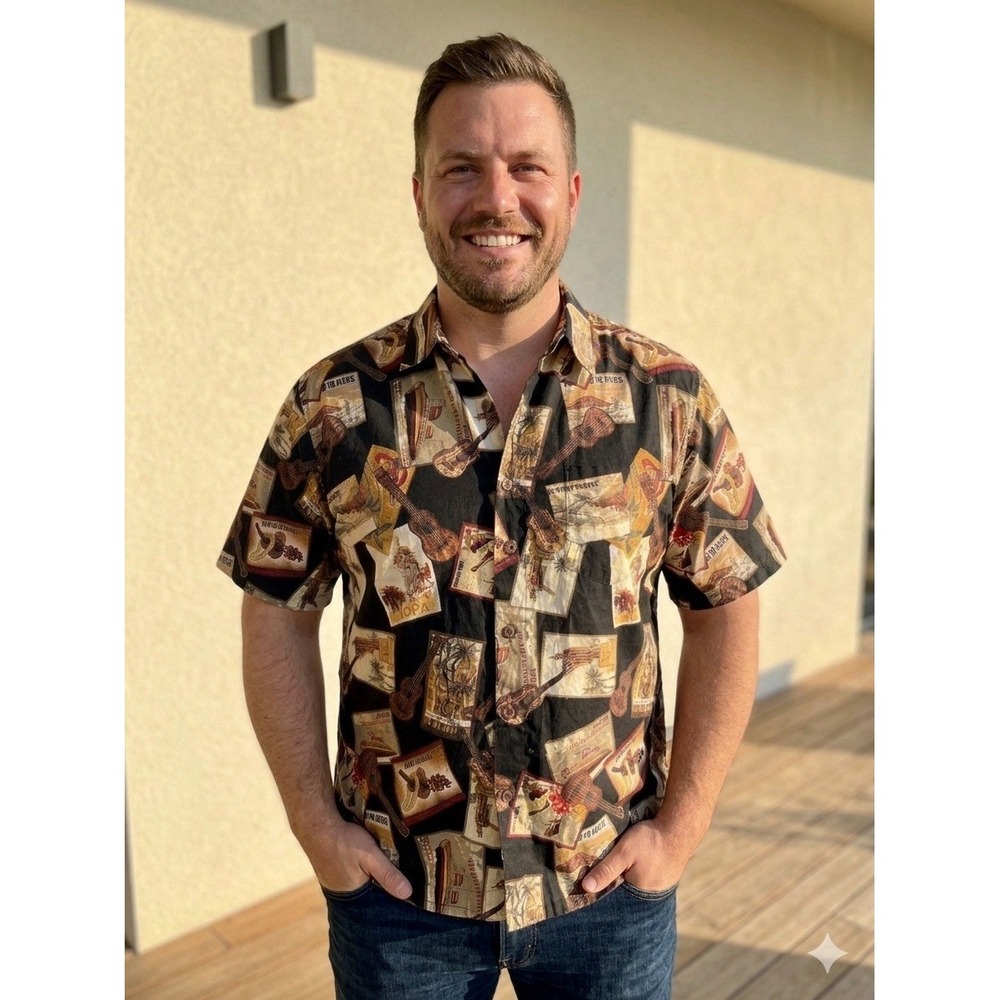 Kane Malia Ukulele Hawaiian Camp Shirt Mens Large Black Print Made in Hawaii L - Picture 2 of 7